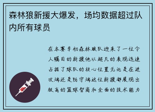 森林狼新援大爆发，场均数据超过队内所有球员